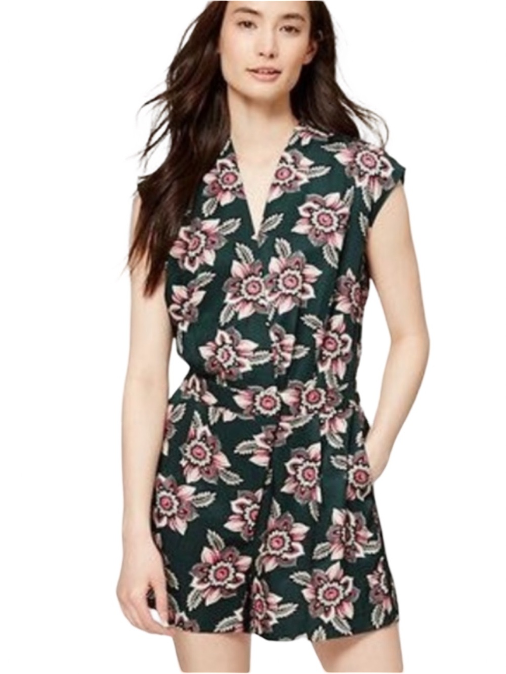 LOFT Faraway Dark Green Floral V-Neck Wrap Romper